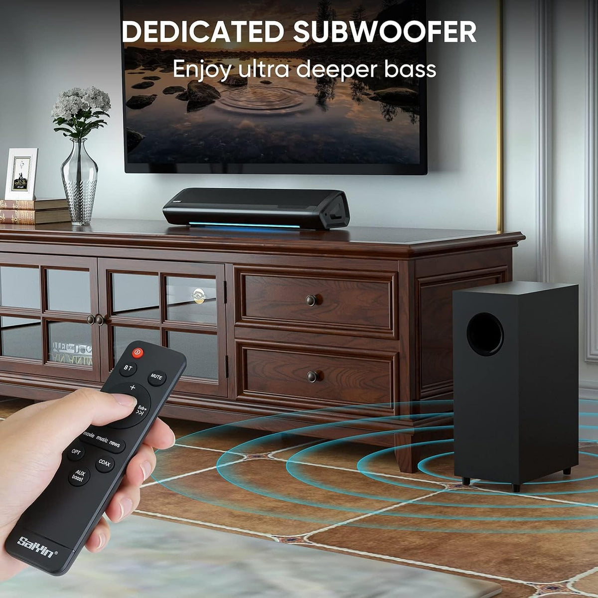 Barra de sonido Saiyin con subwoofer, sistema envolvente de cine en casa para TV PC
