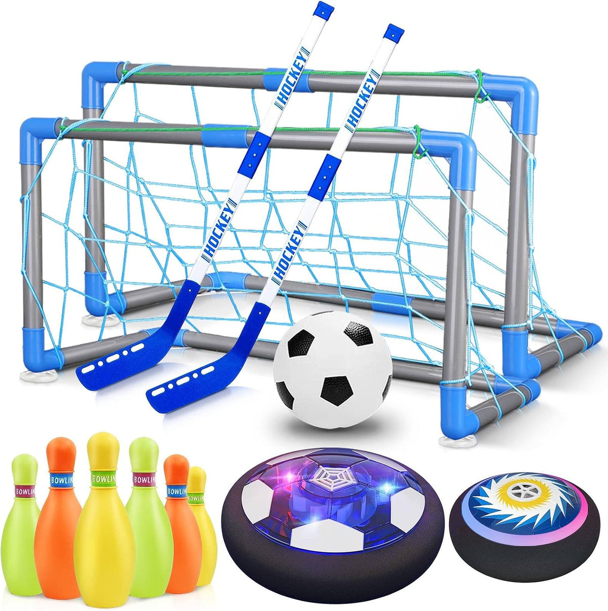 HopeRock Pelota de Fútbol Flotante 3 en 1 Juego de Hockey y Bolos, Juguetes de Interior y Exterior para Niños de 3-12 Años, Juguetes de Exterior con Luces LED, Regalos de Navidad y Cumpleaños para