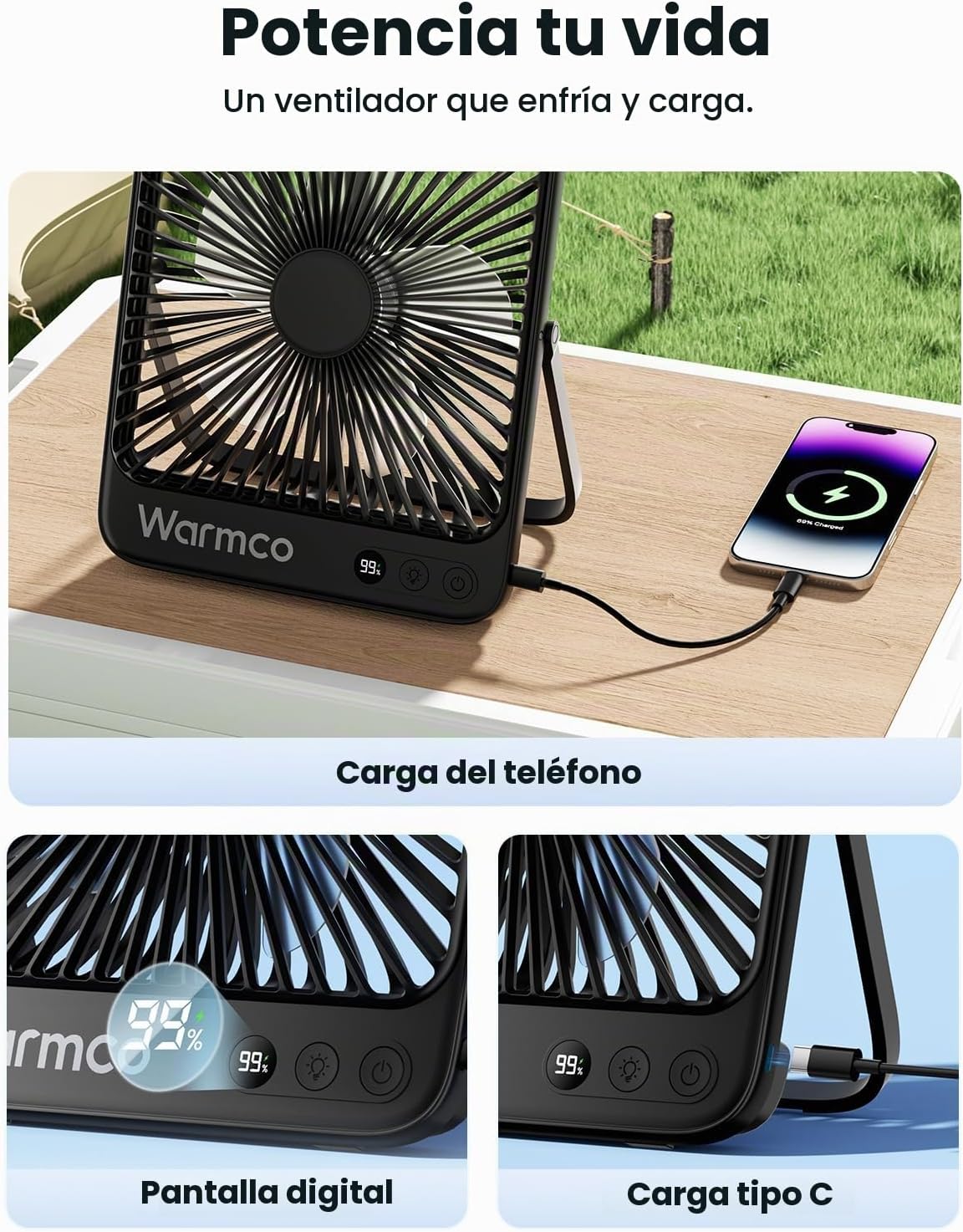 Warmco D4 - Ventilador de camping con batería de 20000 mAh, lintern...