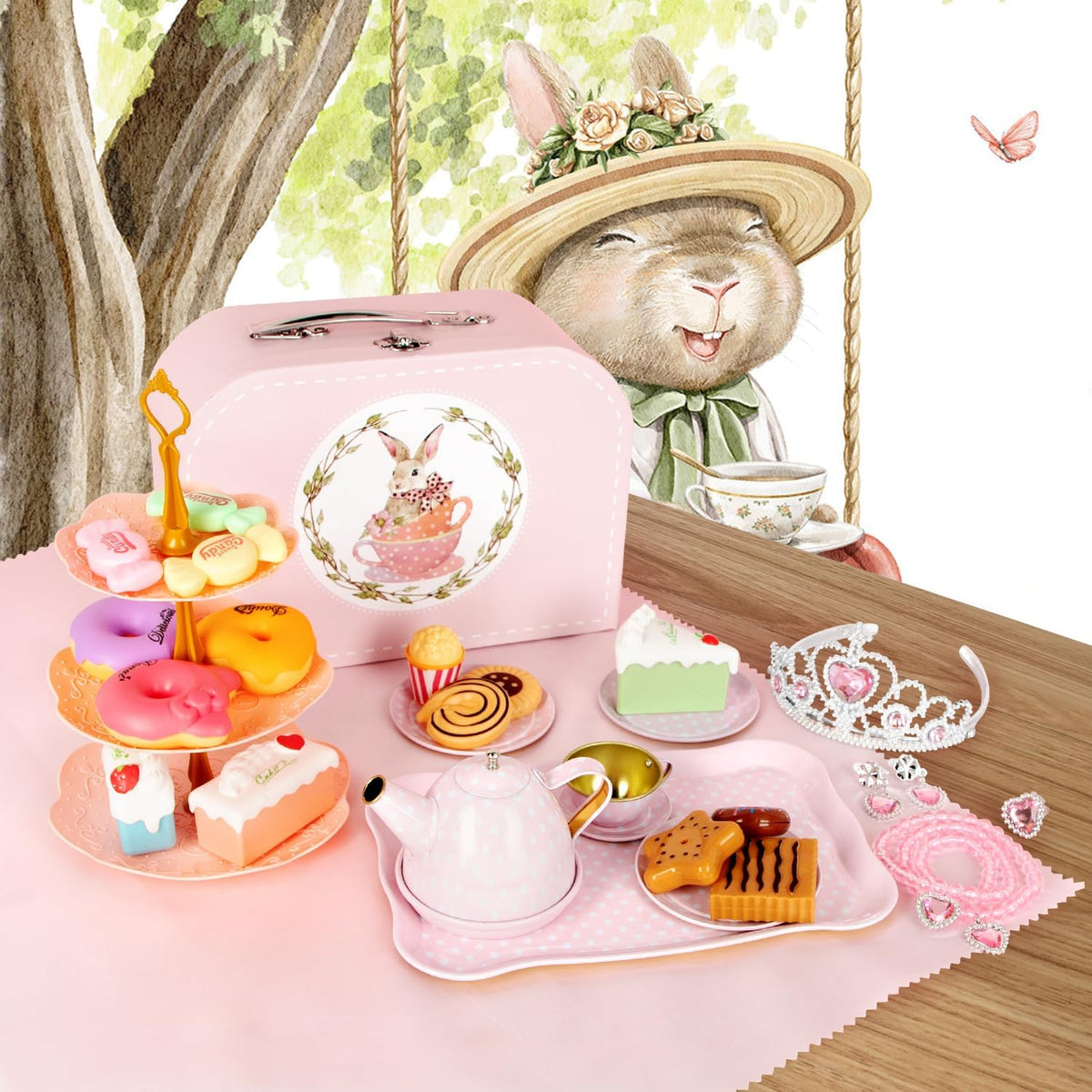 iAOVUEBY Juego de fiesta de té para niñas pequeñas, 49 piezas de juguetes de princesa para la hora del té, incluyendo juego de té, estuche de transporte de postres, juego de cocina de simulación para