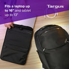Targus Mochila Work+ EcoSmart de 15 a 16 pulgadas, organizador técnico desmontable, cremalleras con cerradura, materiales reciclados, capacidad de 23 litros, bolsillo para botella de agua, diseño