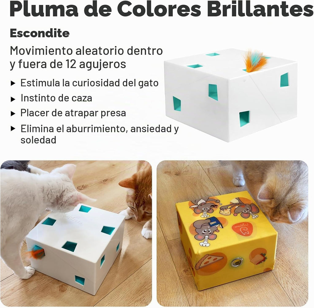 Migipaws - Juguetes automáticos para gatos MigiBox Plus 3 en 1 interactivos, misterio bajo PopSkin, 12 agujeros, de cartón, juguetes para gatitos, para interiores, recargables, 8 accesorios (blanco)