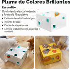 Migipaws - Juguetes automáticos para gatos MigiBox Plus 3 en 1 interactivos, misterio bajo PopSkin, 12 agujeros, de cartón, juguetes para gatitos, para interiores, recargables, 8 accesorios (blanco)