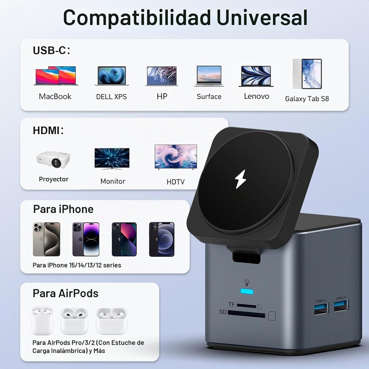 Estación de acoplamiento USB C para laptop, concentrador 9 en 1 con