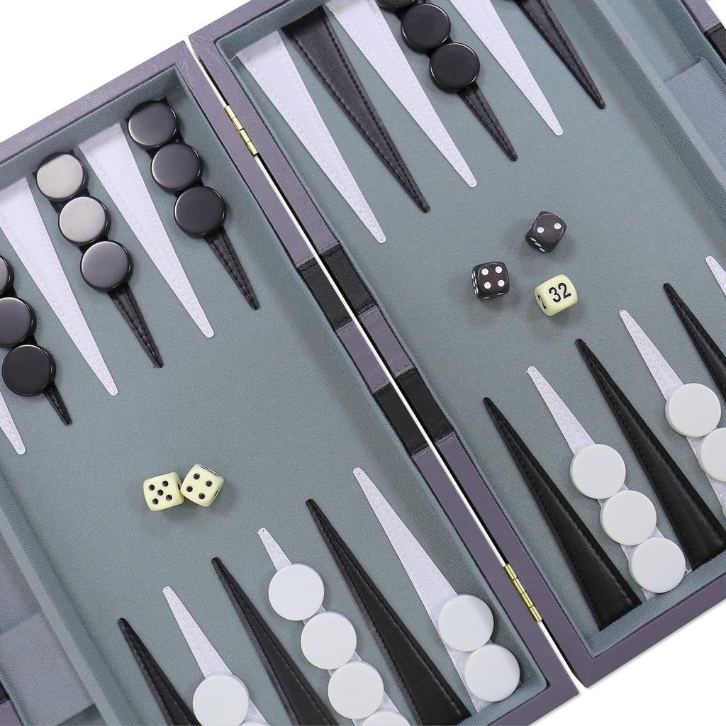 Backgammon - Juego de mesa clásico con funda de piel sintética de alta calidad, juego de estrategia de viaje portátil de backgammon para adultos, niños, noche de juego familiar, vacaciones y regalos (11 pulgadas, pequeño, gris)