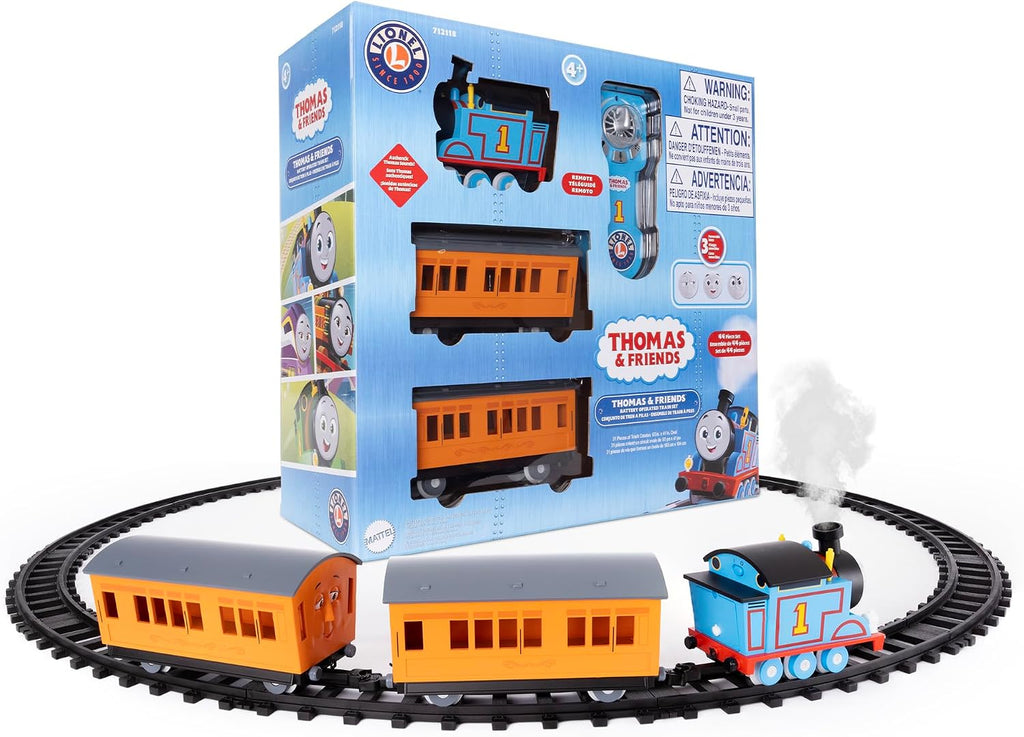 Juego de tren de juguete Lionel Mattel Thomas & Friends con batería, calibre O, con mando a distancia, locomotora, vagones de tren y vía con luces, sonidos auténticos de tren y efectos de vapor de