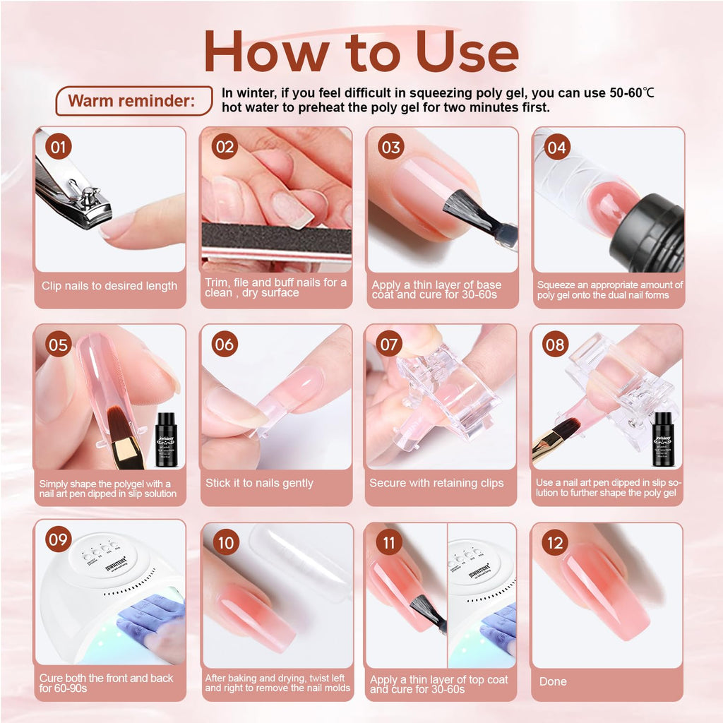 JEWHITENY Kit de Gel de Extensión Poly con Lámpara LED para Uñas de 48W, 14 Colores, a02