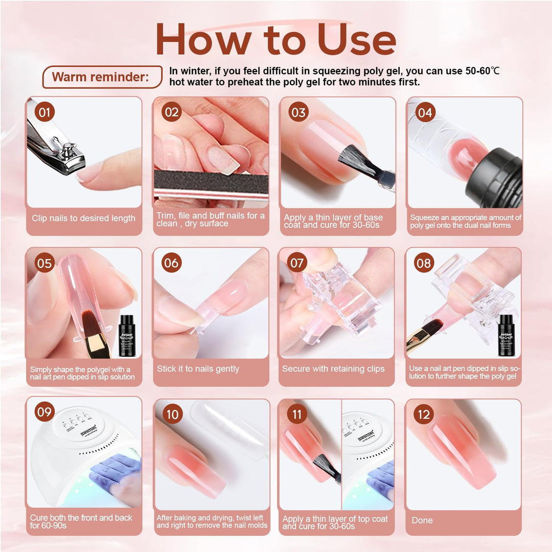 JEWHITENY Kit de Gel de Extensión Poly con Lámpara LED para Uñas de...
