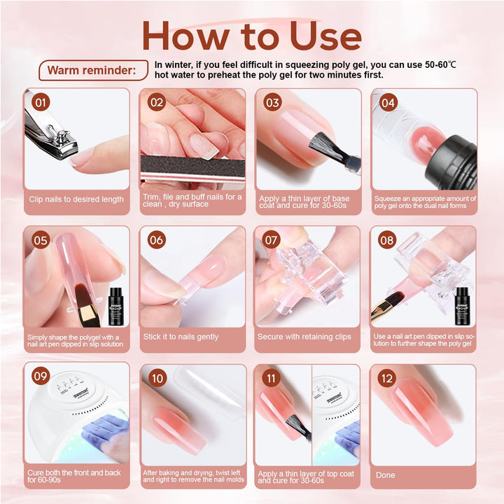 JEWHITENY Kit de Gel de Extensión Poly con Lámpara LED para Uñas de...