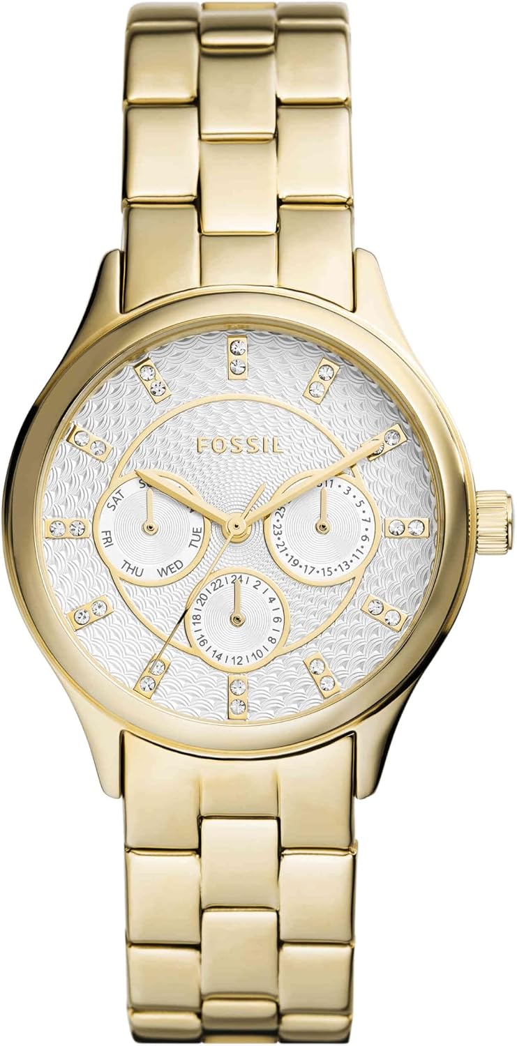 Moderno y sofisticado reloj multifunción de acero inoxidable dorado