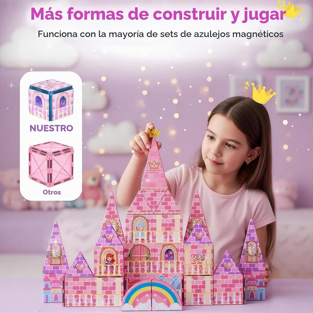 LATI Azulejos magnéticos de castillo de princesa para niños, juguete de construcción de doble cara