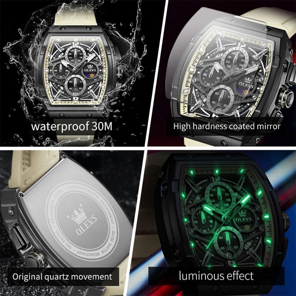 OLEVS Relojes para Hombre Casual Lujo Cara Grande Cronógrafo Multifuncional Relojes de Hombre Correa de Silicona/Nylon Duradera 3 ATM Resistente al Agua Reloj de Hombre Fecha Fase Lunar Reloj