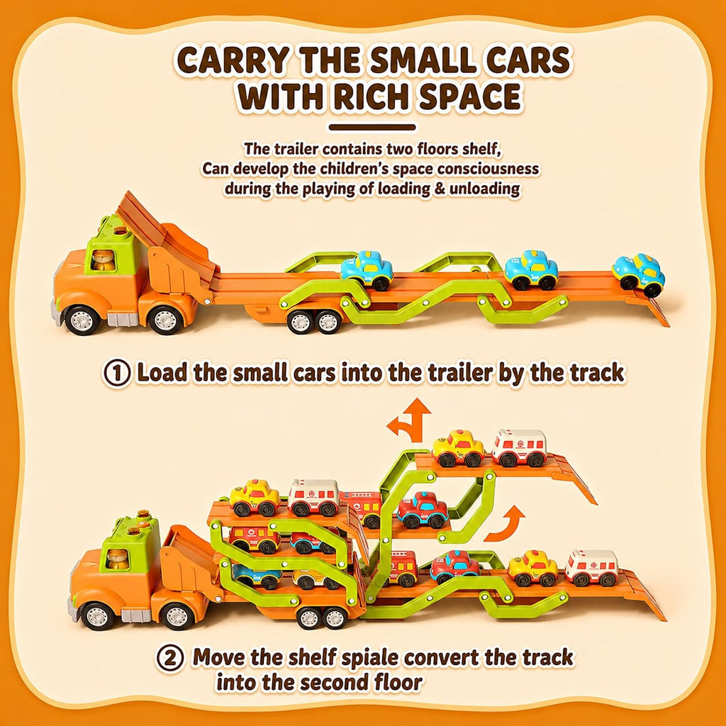 Juguetes para niños de 2, 3, 4, 5 años, camión transportador de coche de juguete con 6 vehículos, remolque plegable de 30 pulgadas con efectos de luz y sonido, regalo de cumpleaños para niños