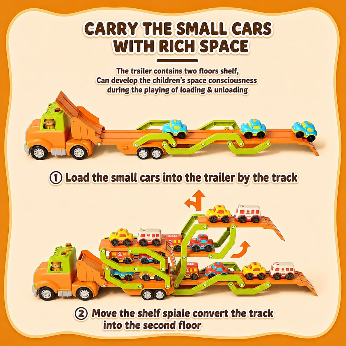 Juguetes para niños de 2, 3, 4, 5 años, camión transportador de coche de juguete con 6 vehículos, remolque plegable de 30 pulgadas con efectos de luz y sonido, regalo de cumpleaños para niños