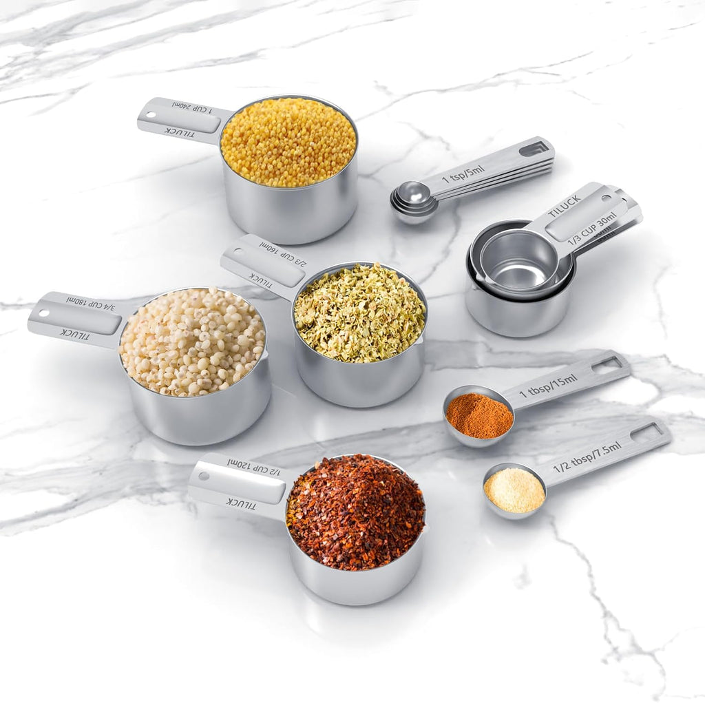 Juego de tazas y cucharas medidoras de acero inoxidable, cuchara de