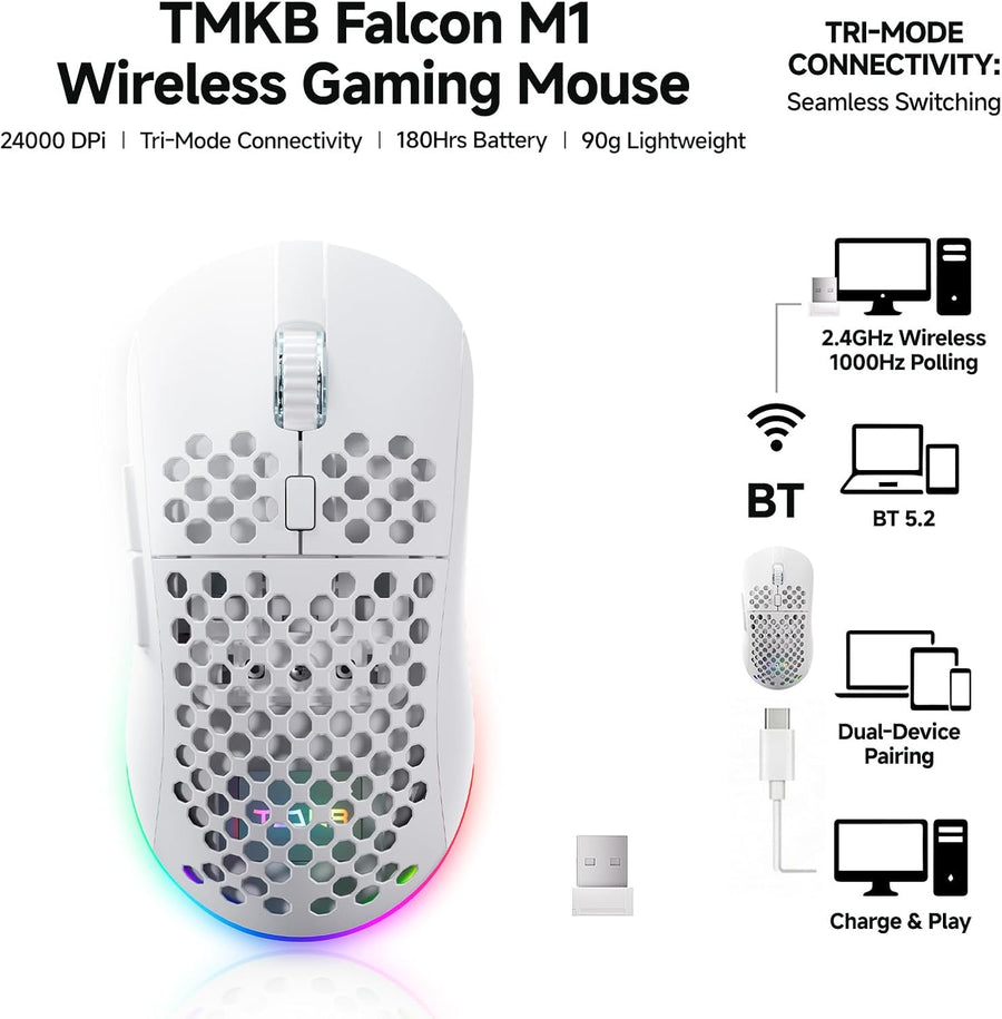 TMKB - Mouse inalámbrico para juegos, sensor óptico de 24000 DPI, b...