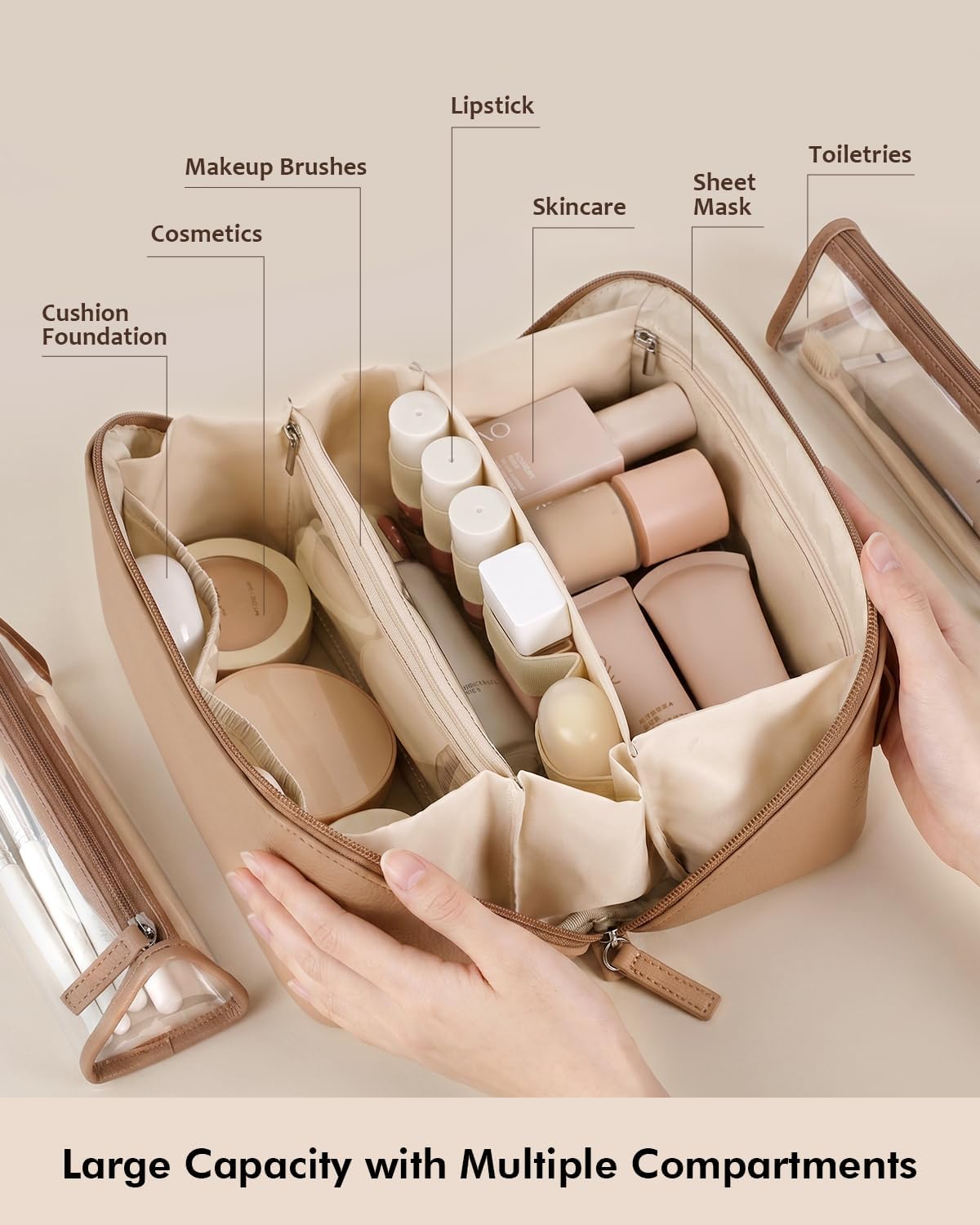 Prite Neceser de viaje para maquillaje, organizador de cosméticos plano abierto para mujer, Marrón clásico, Moderno