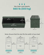 SONGMICS Colección Mazie - Banco otomano plegable de almacenamiento de 43 pulgadas, otomano con almacenamiento, taburete reposapiés, carga 660 lb, para sala de estar, piel sintética, verde bosque