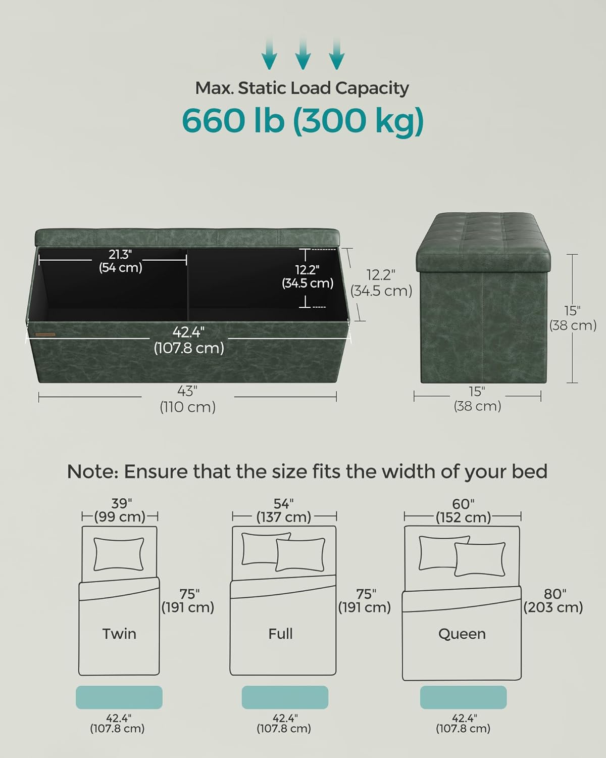 SONGMICS Colección Mazie - Banco otomano plegable de almacenamiento de 43 pulgadas, otomano con almacenamiento, taburete reposapiés, carga 660 lb, para sala de estar, piel sintética, verde bosque