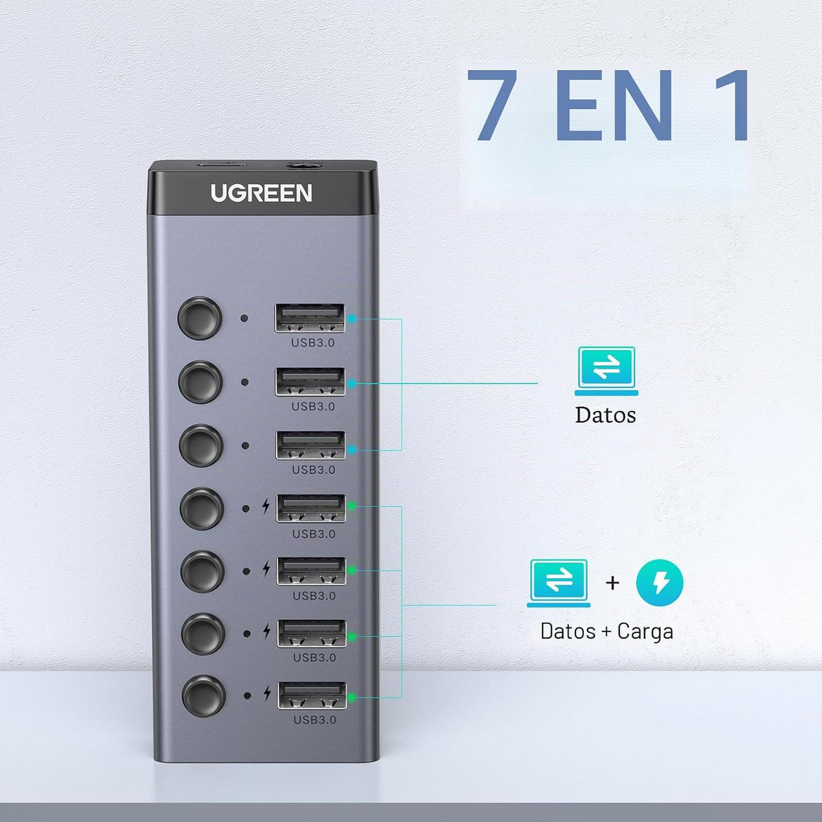 UGREEN, 90305, hub USB 3.0 de 7 puertos, adaptador 12V/2A