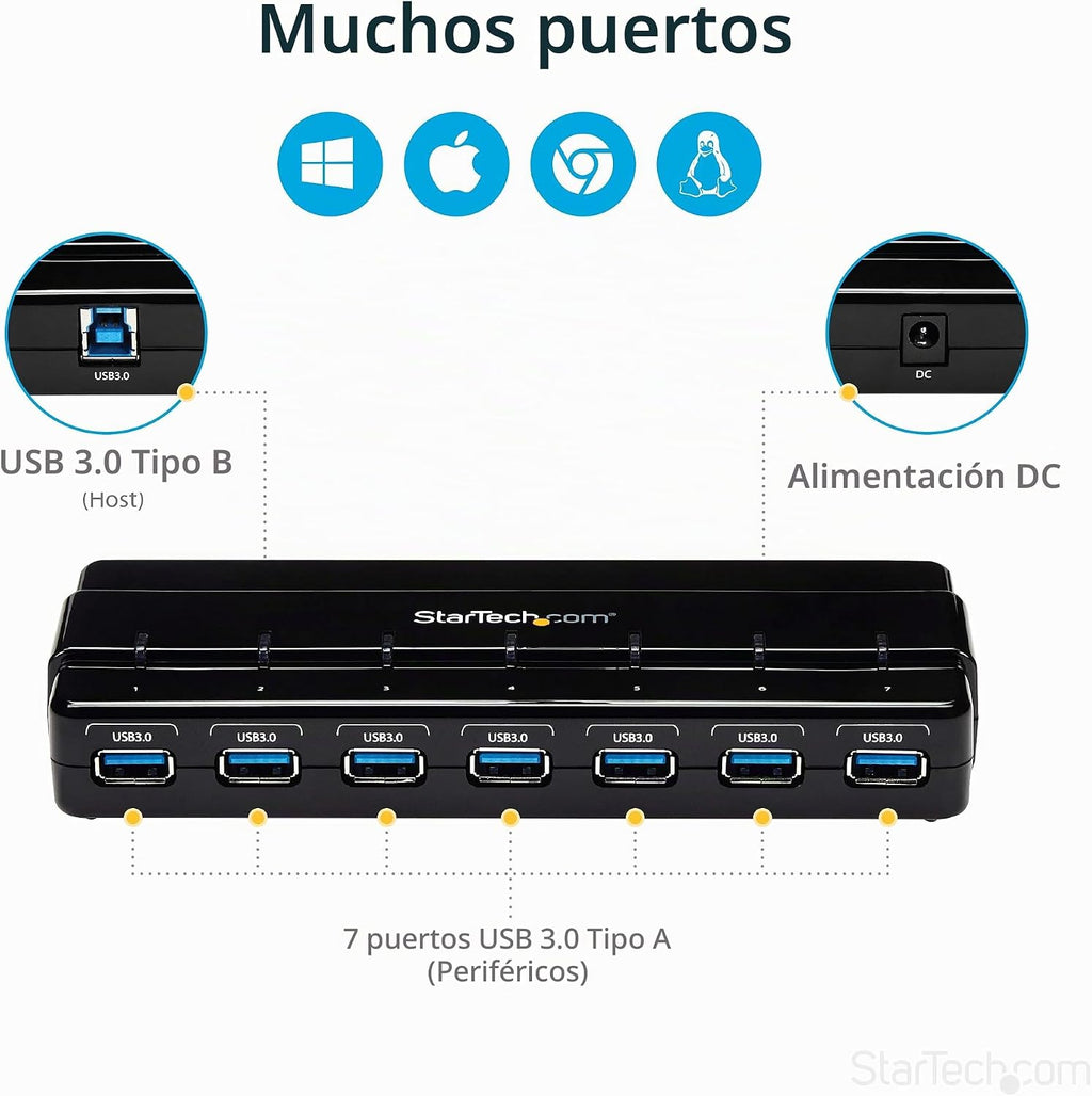 StarTech.com, ST7300USB3B, hub USB 3.0 de 7 puertos, alimentado