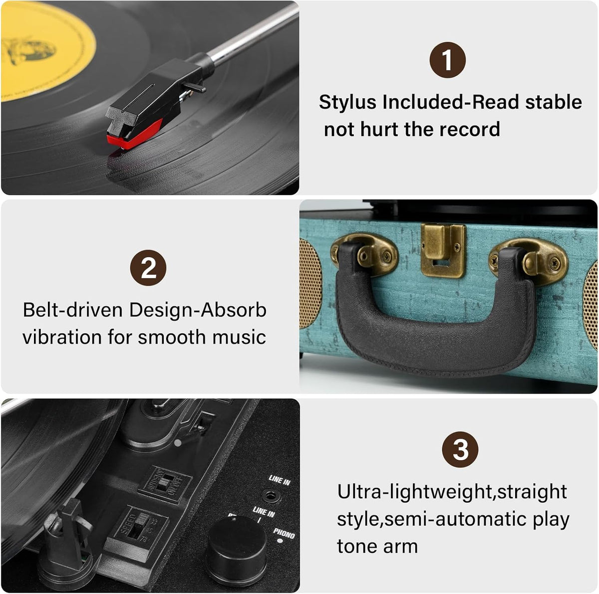 Tocadiscos de vinilo de 3 velocidades Bluetooth Maleta portátil accionado por correa, tocadiscos con altavoces, compatible con Bluetooth, salida RCA, entrada auxiliar de 0.138 in y conector para auriculares