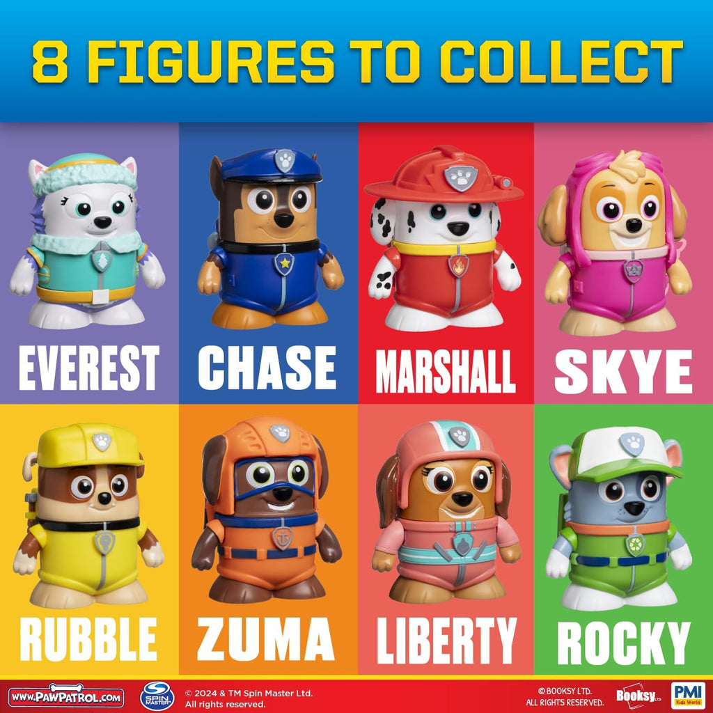 P.M.I. PAW Patrol - Paquete de 6 figuras de acción coleccionables con libros de cuentos ocultos, juguetes para niños y niñas de 3 a 8 años, licencia oficial, incluye Chase, Marshall, Skye, Rubble, Rocky y Liberty