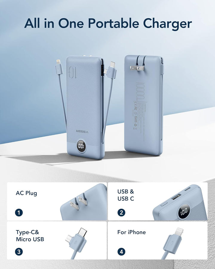 VEGER Cargador portátil para iPhone con cables integrados y enchufe...