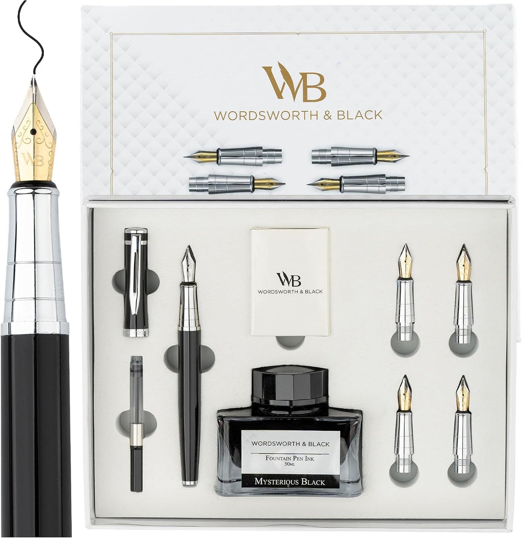 Wordsworth & Black Juego de regalo de pluma estilográfica, incluye botella de tinta, 6 cartuchos de tinta y un convertidor de recarga, 4 plumillas de repuesto, paquete premium, para diario, caligrafía