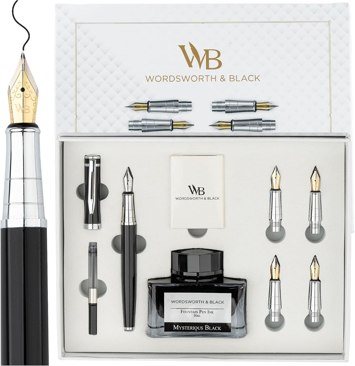 Wordsworth & Black Juego de regalo de pluma estilográfica, incluye botella de tinta, 6 cartuchos de tinta y un convertidor de recarga, 4 plumillas de repuesto, paquete premium, para diario, caligrafía