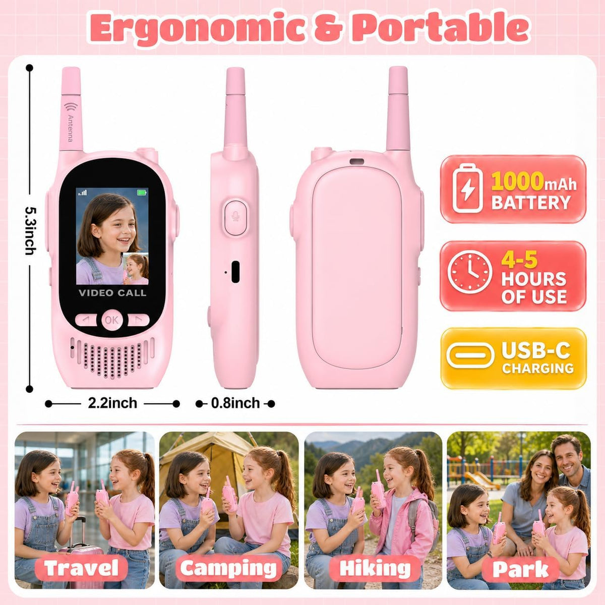 Walkie Talkies de video para niños, paquete de 2 walkie talkies recargables con cámara y pantalla, radios bidireccionales de largo alcance para acampar en interiores y exteriores, regalos para niñas y