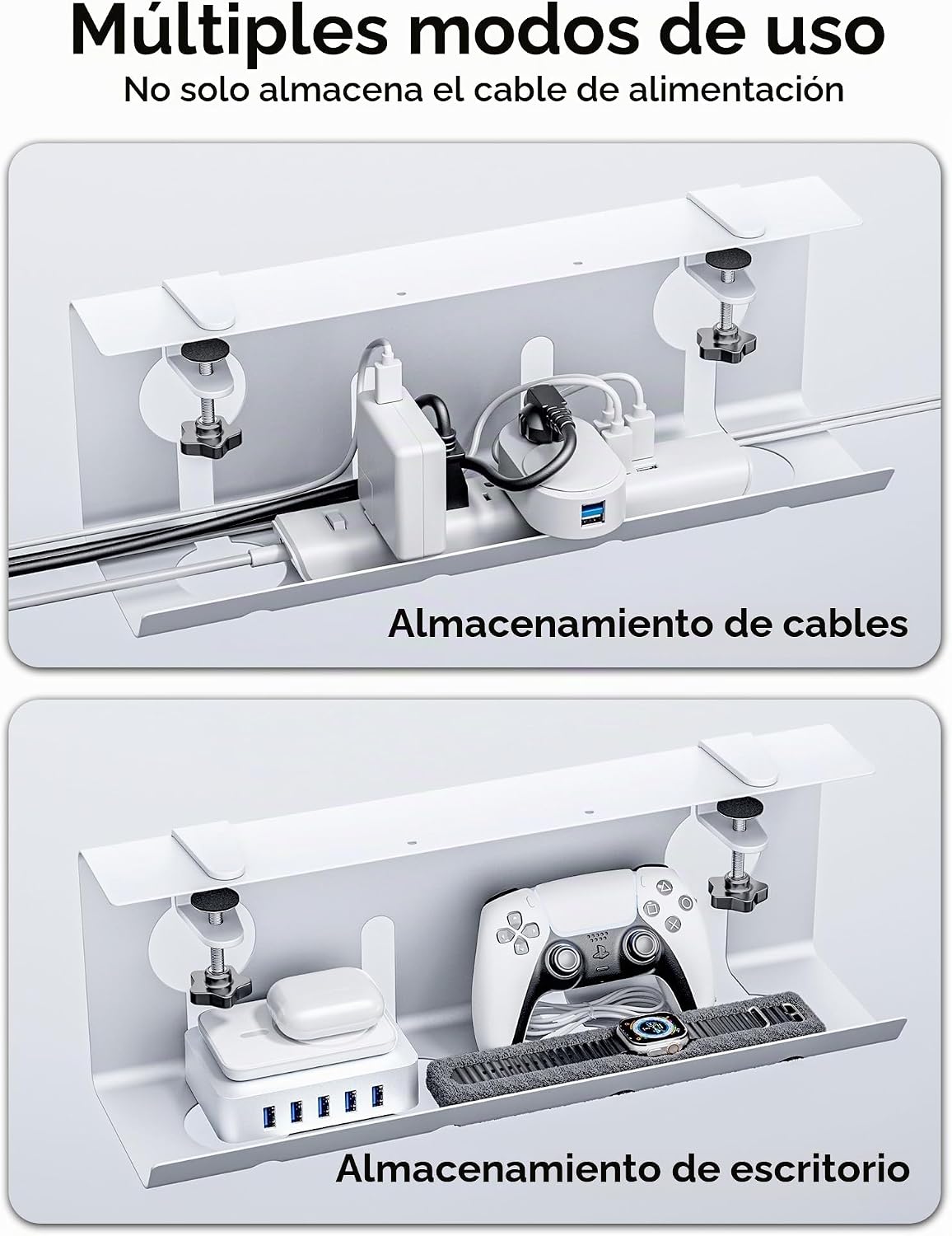 No Drill Under Desk Cable Management Tray, 17'' Wire Management, Punch-Free Clamp en, metal Cable Tray, Wire Organizer Under Desk, Under Dessk Basket para Office y Home, blanco