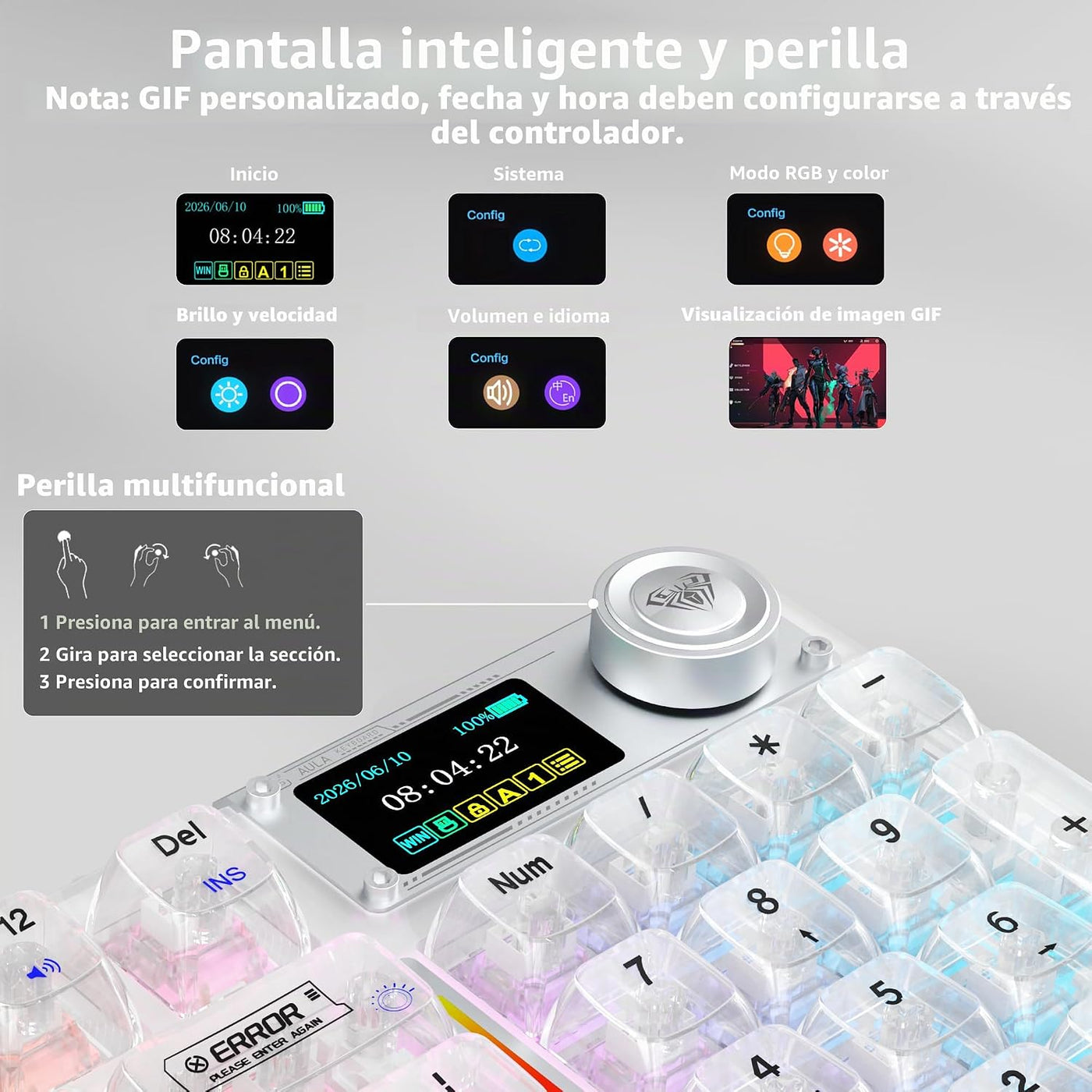 Aula F98Pro V3 - Teclado mecánico inalámbrico con pantalla y perill...