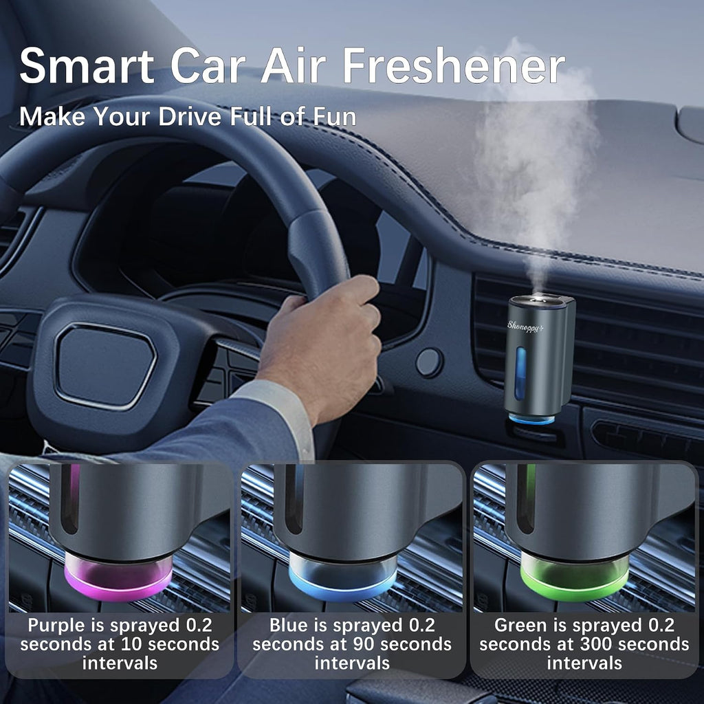 Difusor de Aroma para Auto, Difusor Inteligente de Auto para Aromatizar, Aerosol de Ambientador Automático con 10 ML de Aceite de Colonia Aromaterapia (Gris)