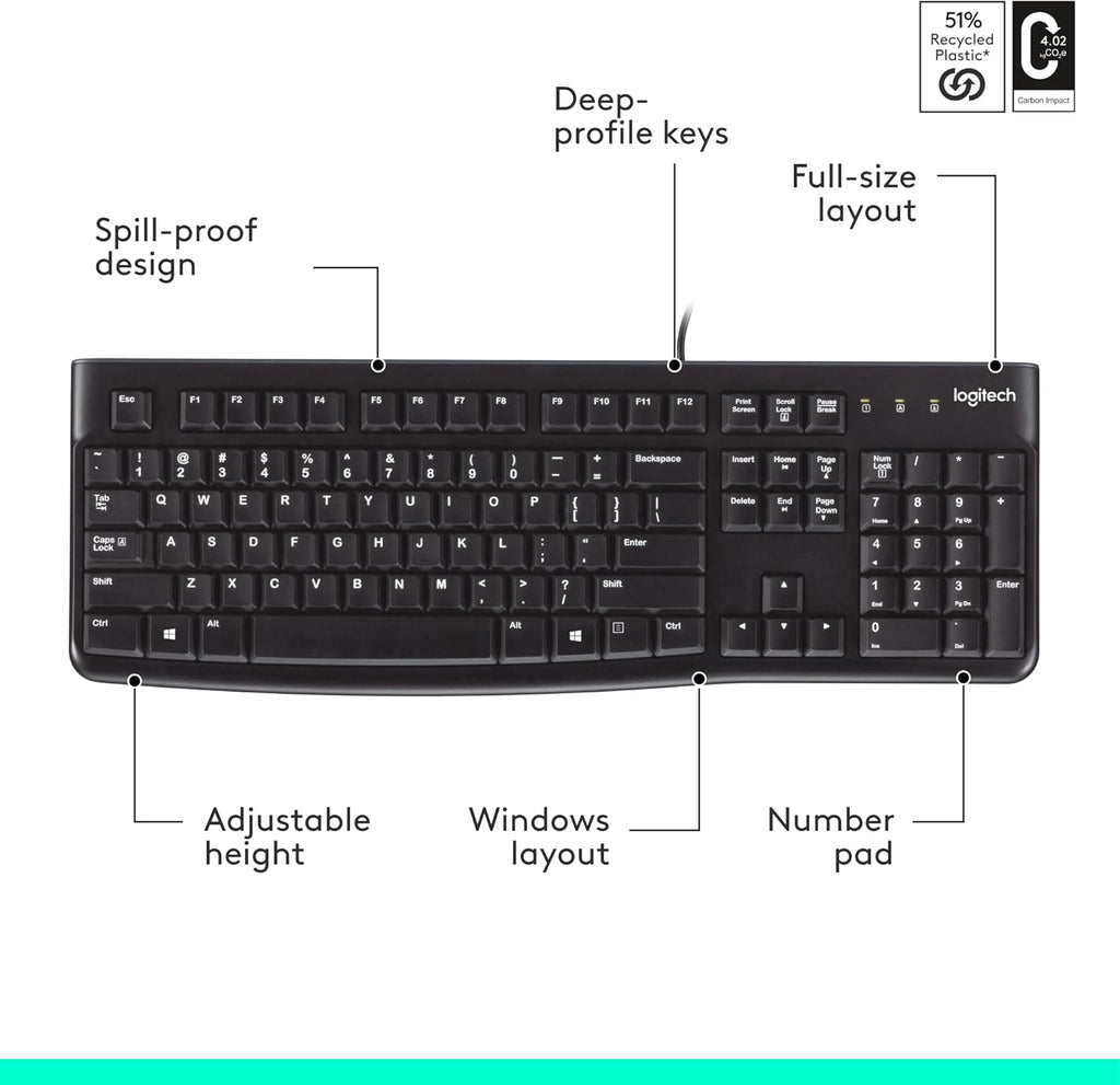 K120 teclado ergonómico de escritorio con cable USB negro