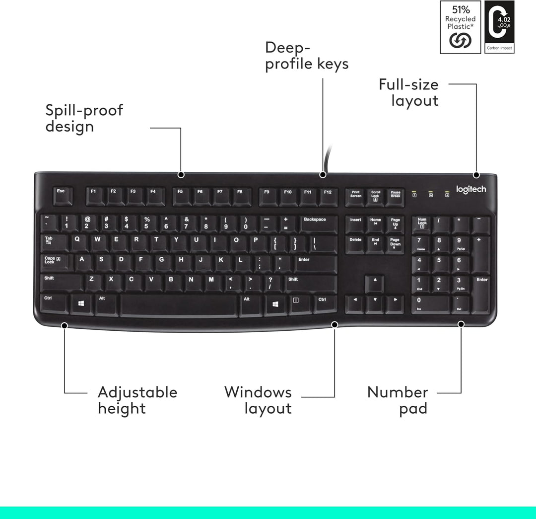 K120 teclado ergonómico de escritorio con cable USB negro