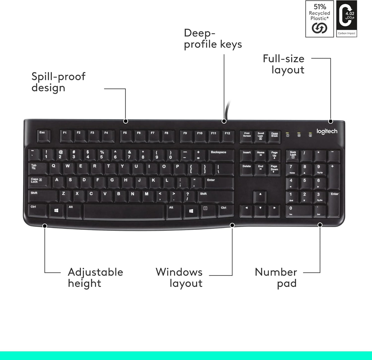K120 teclado ergonómico de escritorio con cable USB negro