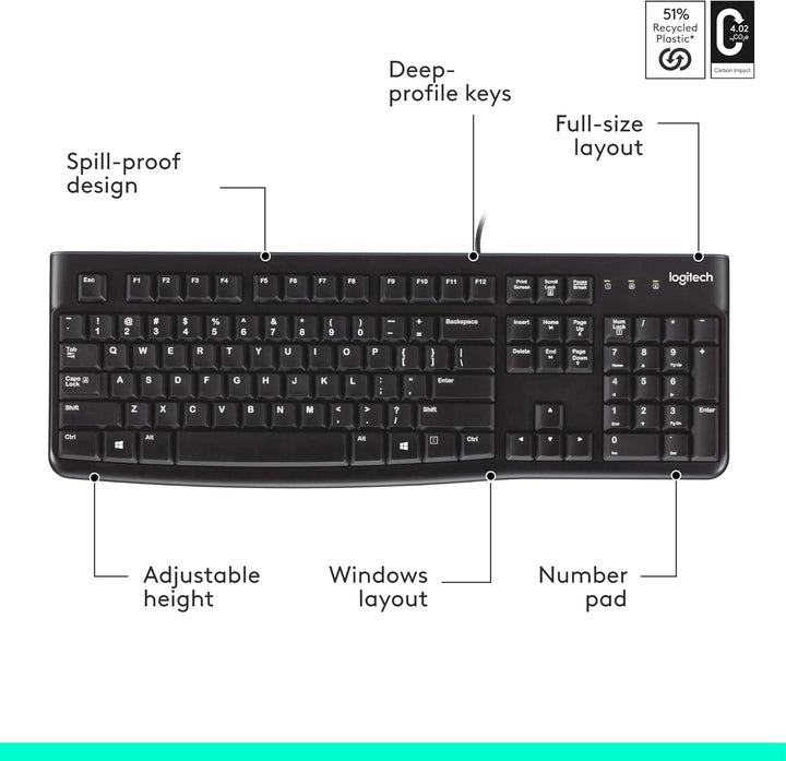 K120 teclado ergonómico de escritorio con cable USB negro