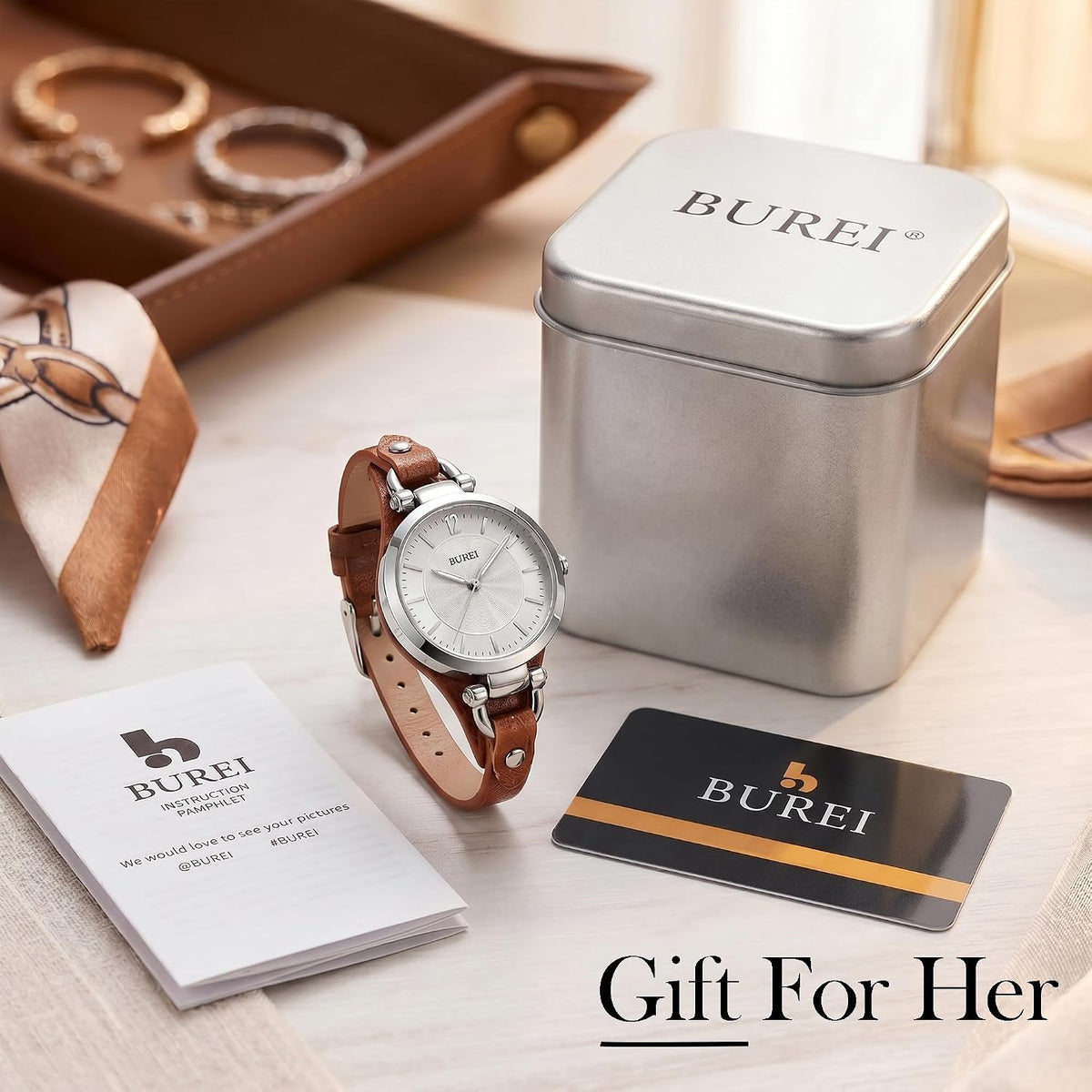 BUREI Reloj de pulsera analógico para mujer, correa de cuero, reloj analógico de cuarzo, pequeño y delgado para mujer, regalo para mujer