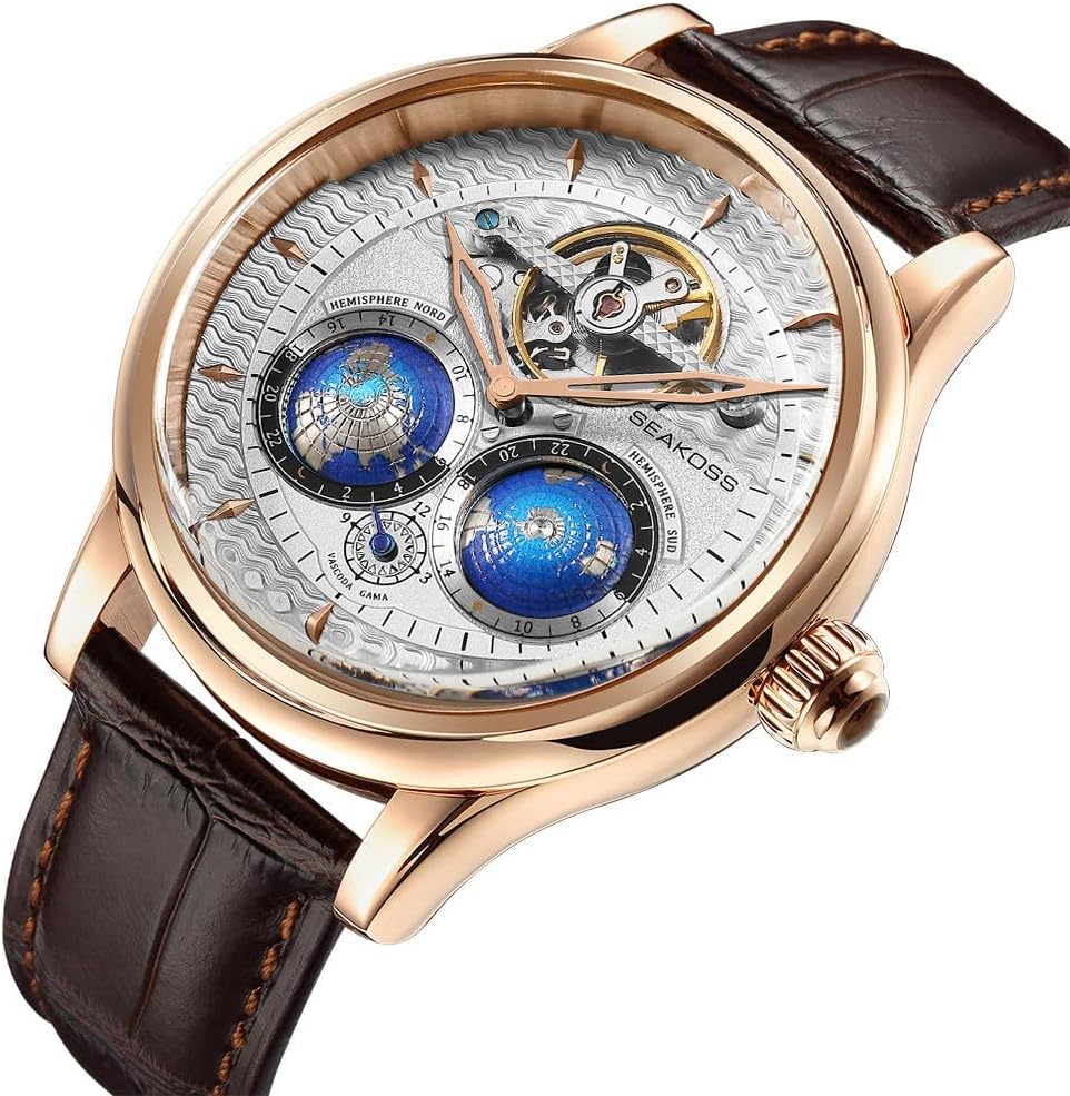 SEAKOSS Reloj mecánico automático de lujo para hombre, reloj de vestir esqueleto de 1.850 in con esfera de doble hemisferio, movimiento de cuerda automática, correa de cuero genuino, impermeable 5ATM