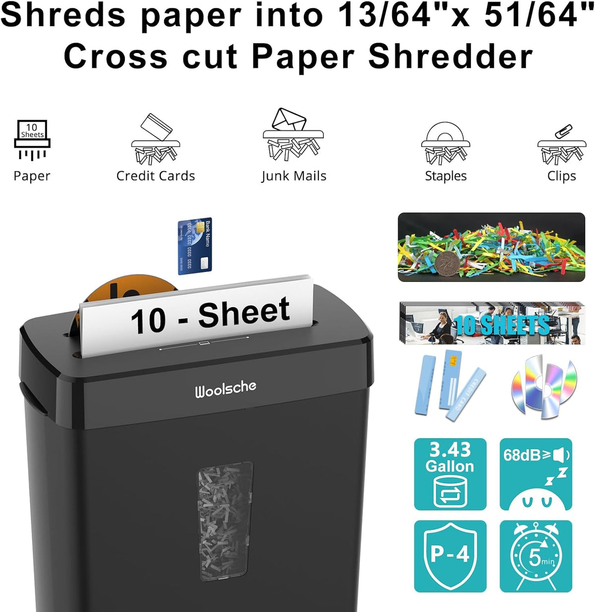 Trituradora de papel para el hogar, corte cruzado de 10 hojas con canasta de 13 litros, nivel de seguridad P-4, diseño de 3 modos, tritura CD y tarjeta de crédito, trituradoras para uso doméstico