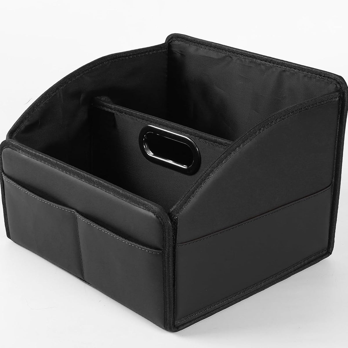 Organizador de Almacenamiento para Coche [ACTUALIZADO 2025] Cesta Caddy de Cuero para Coche para Piso del Asiento Delantero Asientos Traseros Mango de Metal 6 Compartimentos Hebillas de Correas