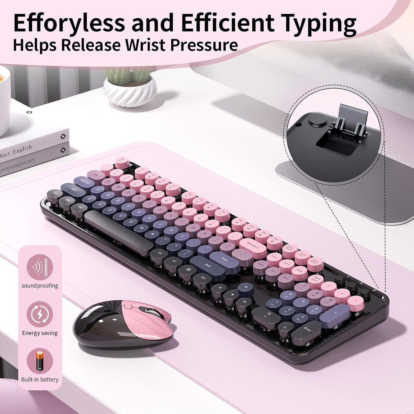 Teclado y mouse inalámbricos, MOFII con teclas redondas retro de 10...