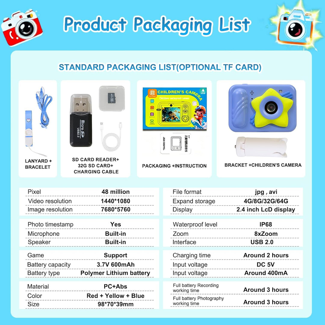 Cámara de juguete para niños impermeable con tarjeta de 32 GB, dive...