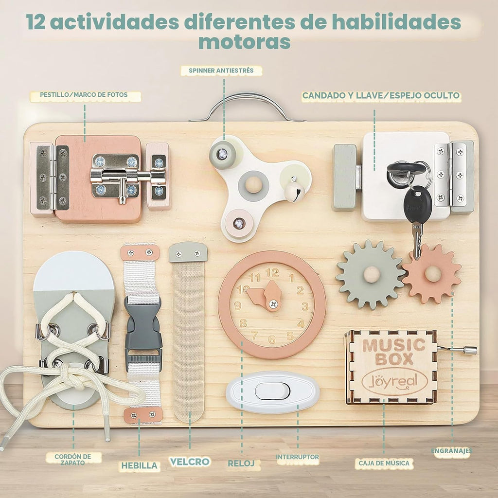 Joyreal Tablero de madera para niños pequeños, juguetes Montessori para niños de 1, 2, 3 años, tablero de actividades sensoriales con caja de música y 12 actividades de habilidades motoras, juguetes