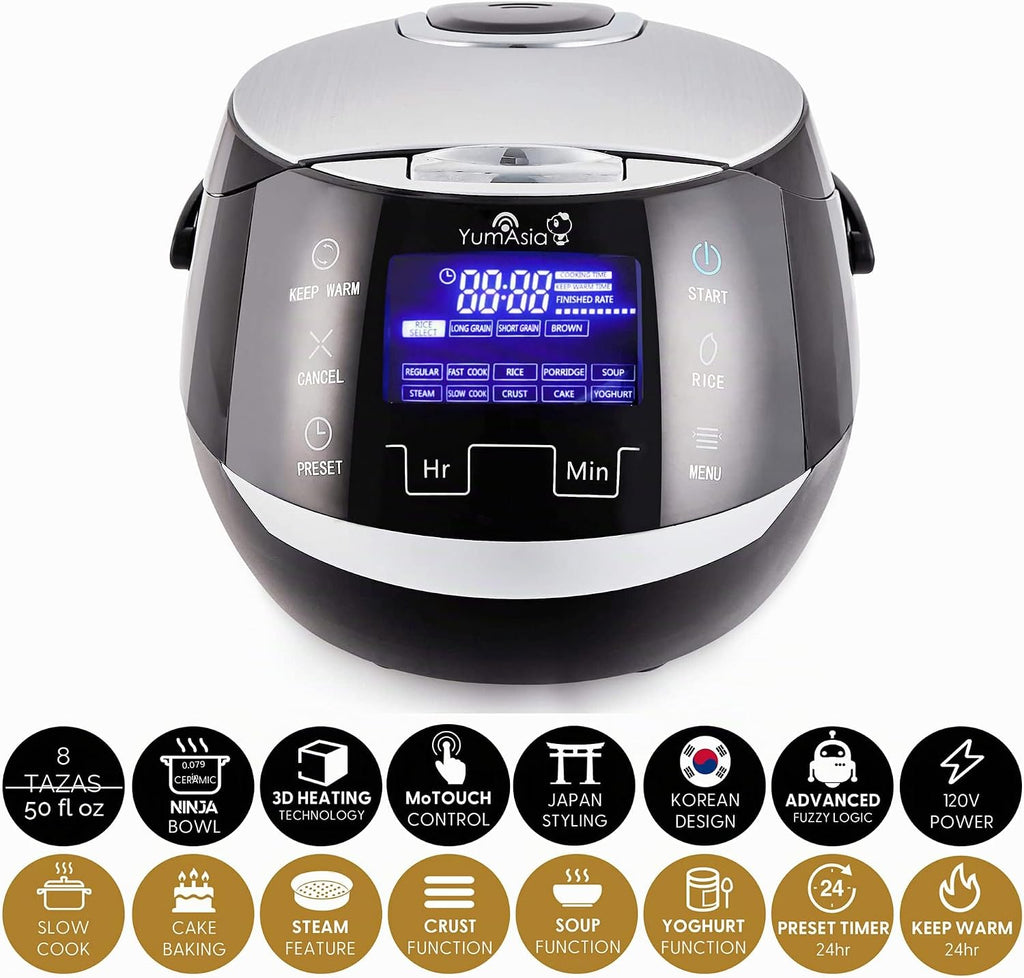 Arrocera Yum Asia Sakura con tazón de cerámica y lógica difusa avanzada (8 tazas, 1.5 litros) 6 funciones de cocción de arroz, 6 funciones de multicocción, pantalla LED táctil, 120V de potencia (negro