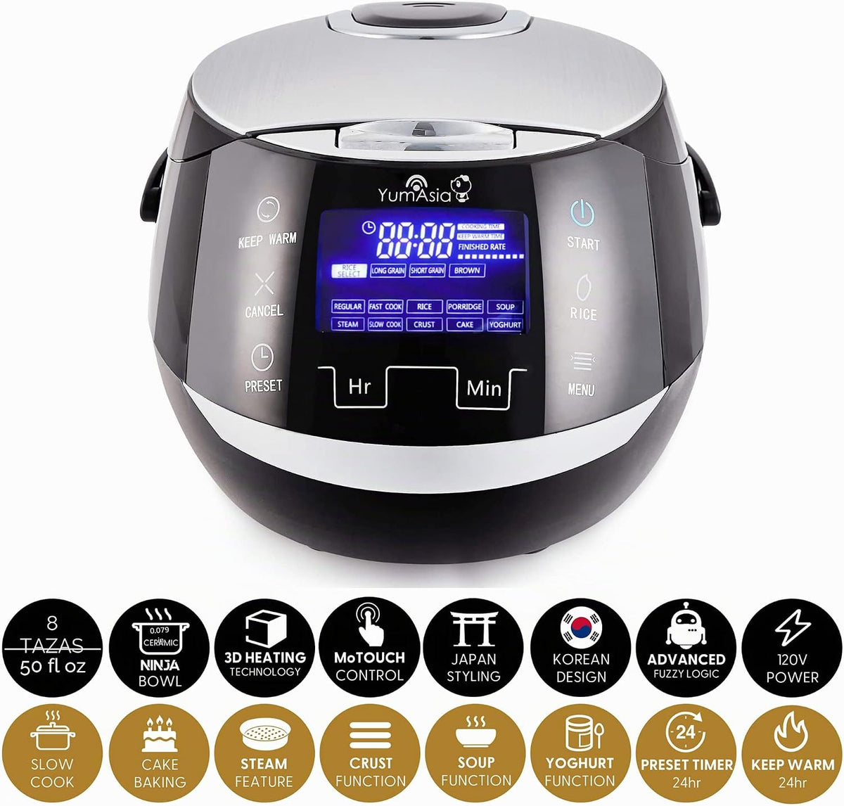 Arrocera Yum Asia Sakura con tazón de cerámica y lógica difusa avanzada (8 tazas, 1.5 litros) 6 funciones de cocción de arroz, 6 funciones de multicocción, pantalla LED táctil, 120V de potencia (negro