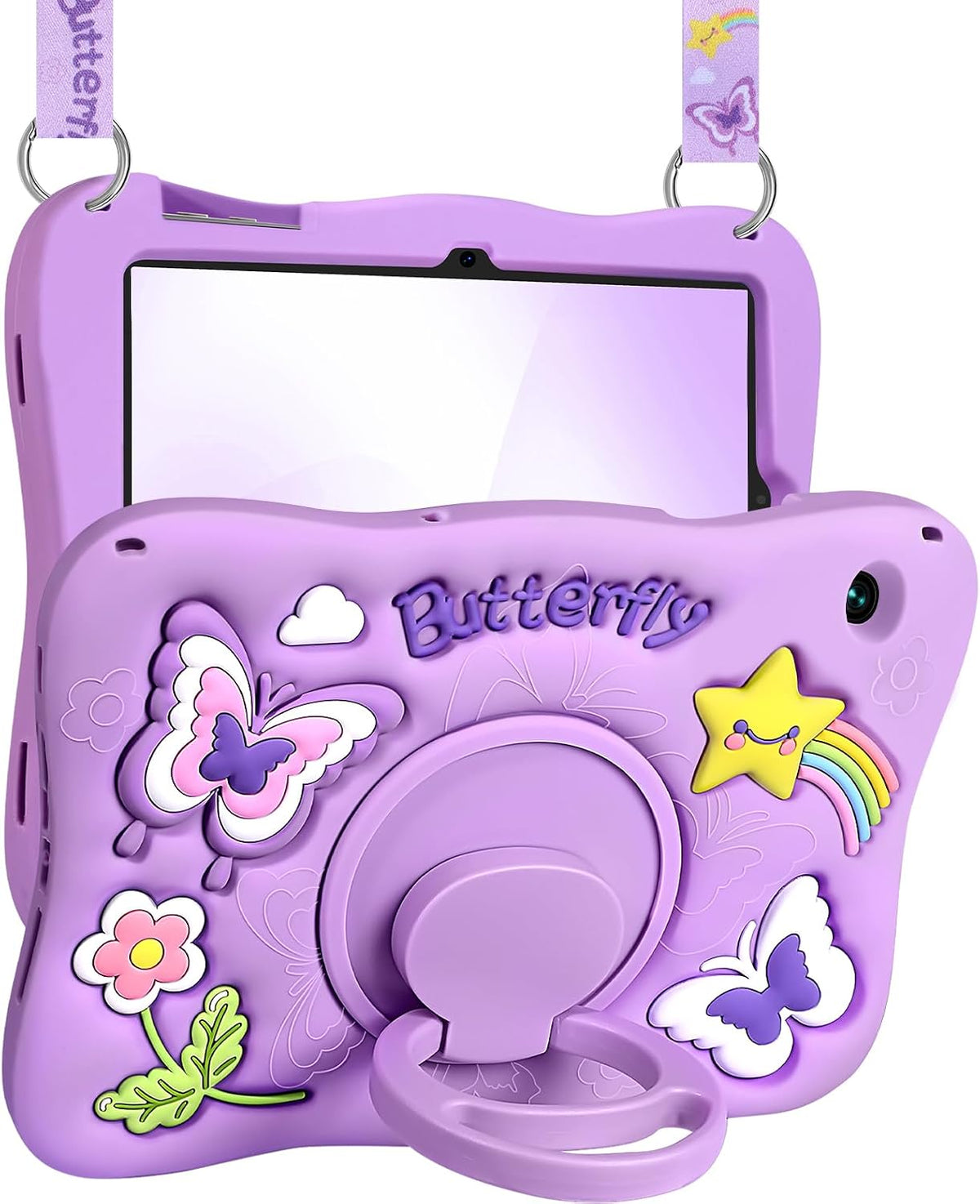 para Samsung Galaxy Tab A9 Plus Funda de 11 Pulgadas - para Niñas Linda Diseño de Mariposa 3D de Color Morado Kawaii Girly con Soporte Giratoria y Correa Funda de Silicona Única para Mujeres