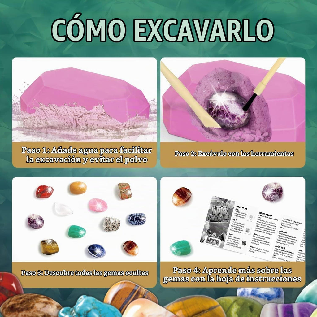 Kit de excavación de gemas, 12 piedras preciosas y cristales