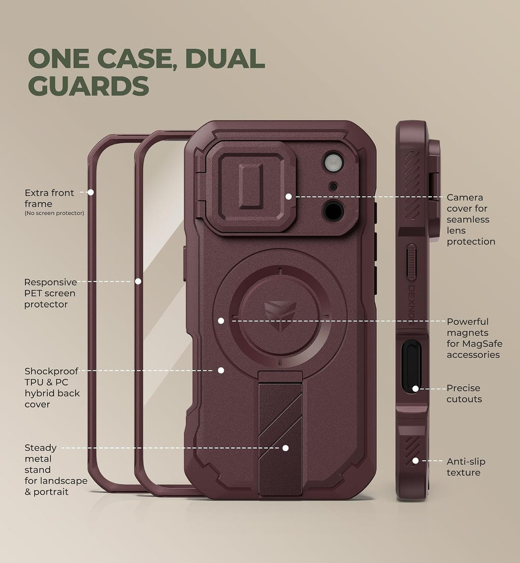 Dexnor Funda para teléfono Pro 2026/2025, [2 marcos frontales y funda abatible integrada para cámara y soporte], compatible con MagSafe, funda resistente a prueba de golpes con protector de pantalla